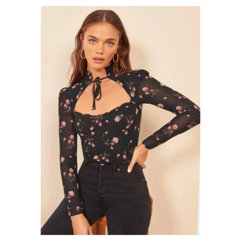 Reformation Black Floral Long-Sleeve Sweetheart Top - Picture 3 of 12
